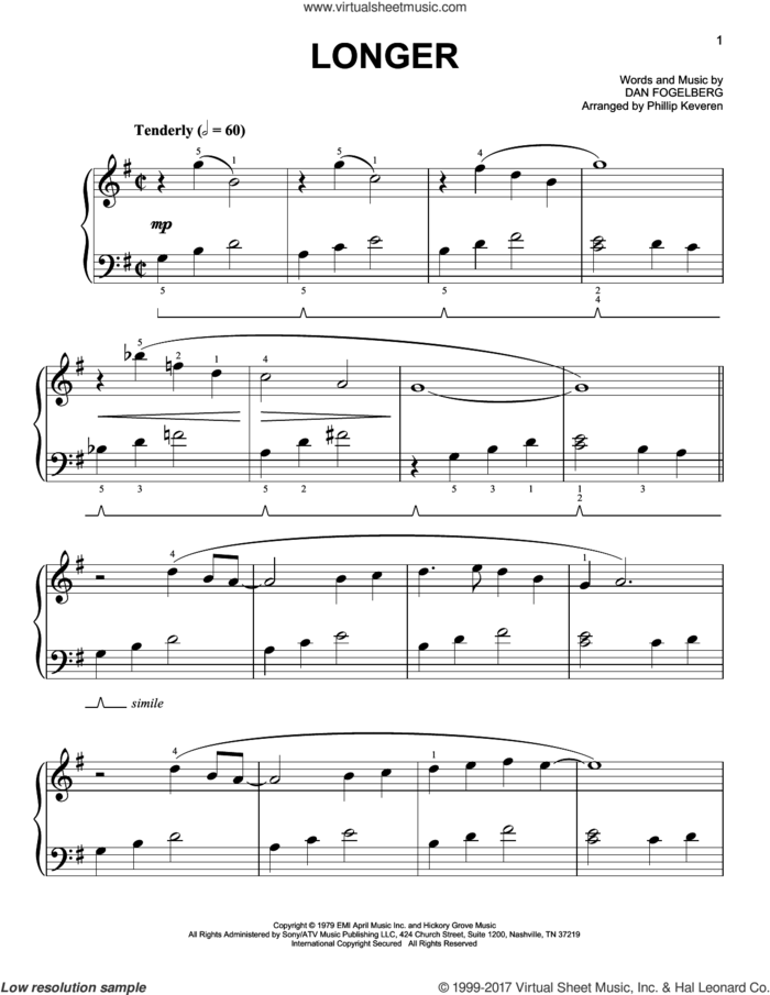 Longer [Classical version] (arr. Phillip Keveren) sheet music for piano solo by Dan Fogelberg and Phillip Keveren, easy skill level