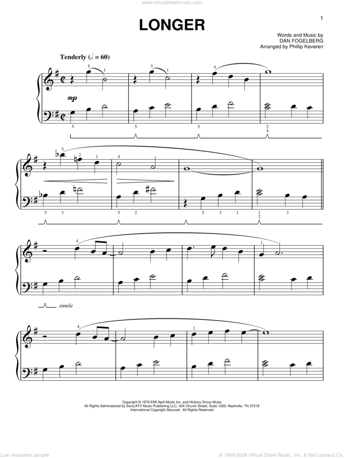 Longer [Classical version] (arr. Phillip Keveren) sheet music for piano solo by Dan Fogelberg and Phillip Keveren, easy skill level