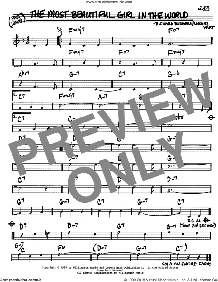 The Most Beautiful Girl In The World sheet music for voice and other instruments (in C) by Rodgers & Hart, Lorenz Hart and Richard Rodgers, intermediate skill level