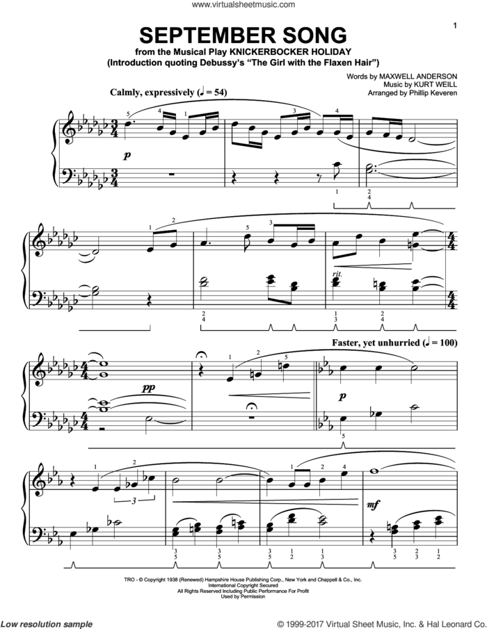 September Song [Classical version] (arr. Phillip Keveren) sheet music for piano solo by Kurt Weill, Phillip Keveren, Jimmy Durante, Willie Nelson and Maxwell Anderson, easy skill level