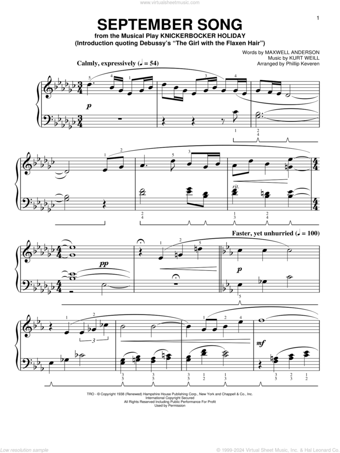 September Song [Classical version] (arr. Phillip Keveren) sheet music for piano solo by Kurt Weill, Phillip Keveren, Jimmy Durante, Willie Nelson and Maxwell Anderson, easy skill level