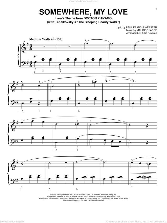 Somewhere, My Love [Classical version] (arr. Phillip Keveren) sheet music for piano solo by Paul Francis Webster, Phillip Keveren and Maurice Jarre, easy skill level