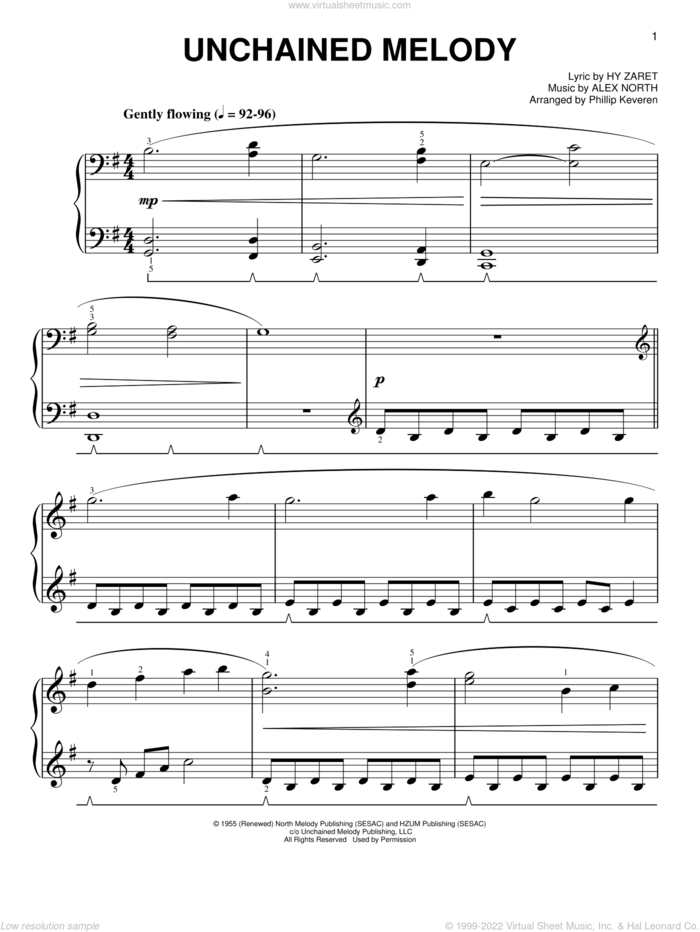 Unchained Melody [Classical version] (arr. Phillip Keveren) sheet music for piano solo by Hy Zaret, Phillip Keveren, Al Hibbler, Barry Manilow, Elvis Presley, Les Baxter, The Righteous Brothers and Alex North, wedding score, easy skill level