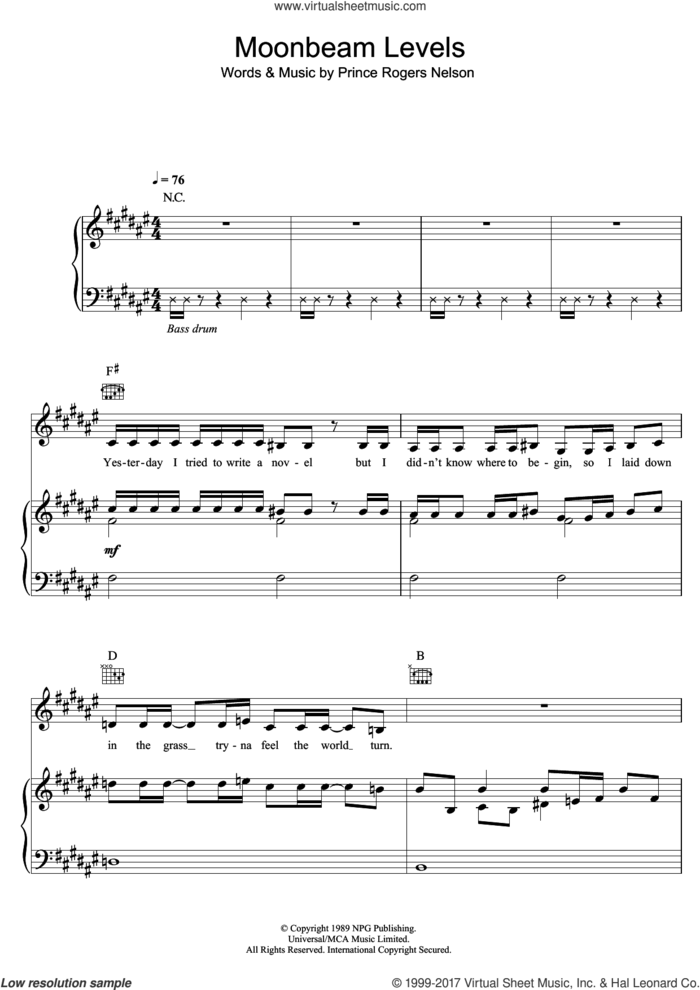 Moonbeam Levels sheet music for voice, piano or guitar by Prince and Prince Rogers Nelson, intermediate skill level