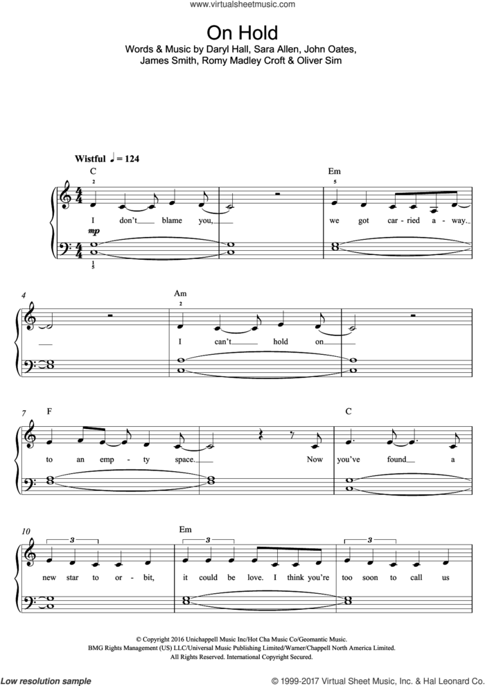On Hold sheet music for piano solo (beginners) by The XX, Daryl Hall, James Smith, John Oates, Oliver Sim, Romy Madley Croft and Sara Allen, beginner piano (beginners)
