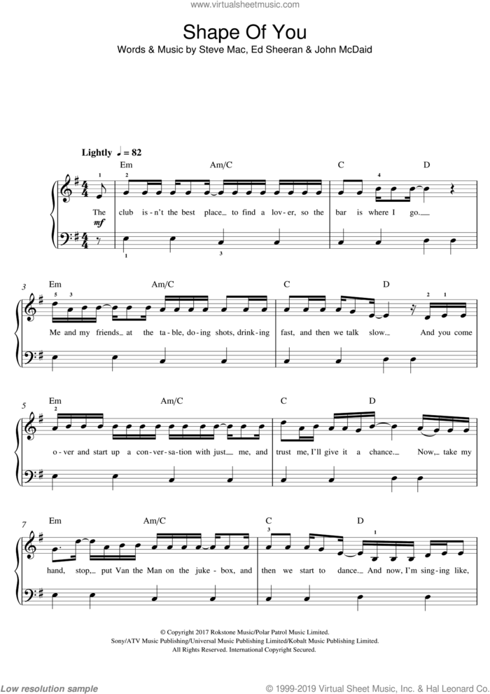 Shape Of You sheet music for piano solo (beginners) by Ed Sheeran, John McDaid and Steve Mac, beginner piano (beginners)
