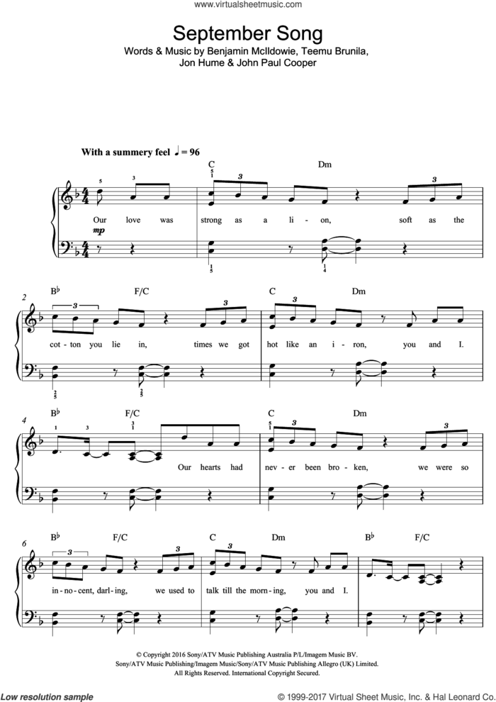 September Song sheet music for piano solo (beginners) by JP Cooper, Benjamin McIldowie, John Paul Cooper, Jon Hume and Teemu Brunila, beginner piano (beginners)