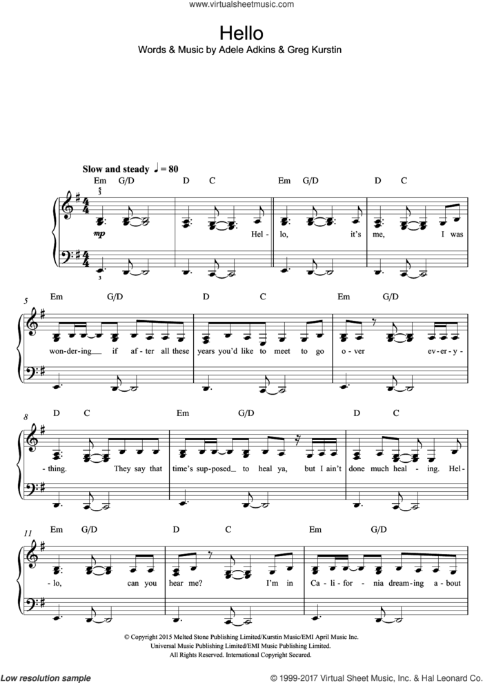Hello sheet music for piano solo (beginners) by Adele, Adele Adkins and Greg Kurstin, beginner piano (beginners)