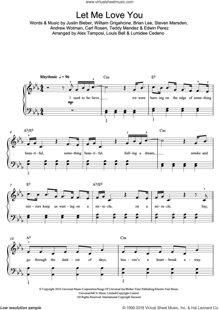 Let Me Love You (featuring Justin Bieber) sheet music for piano solo (beginners) by DJ Snake, Andrew Wotman, Brian Lee, Carl Rosen, Edwin Perez, Justin Bieber, Steven Marsden, Teddy Mendez and William Grigahcine, beginner piano (beginners)