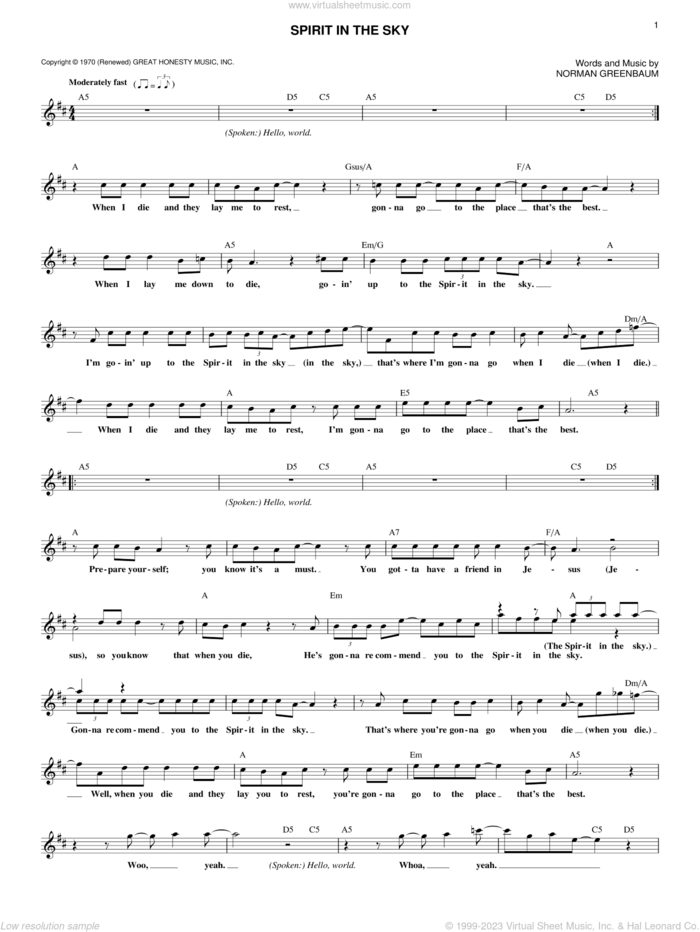 Spirit In The Sky sheet music for voice and other instruments (fake book) by Norman Greenbaum, intermediate skill level