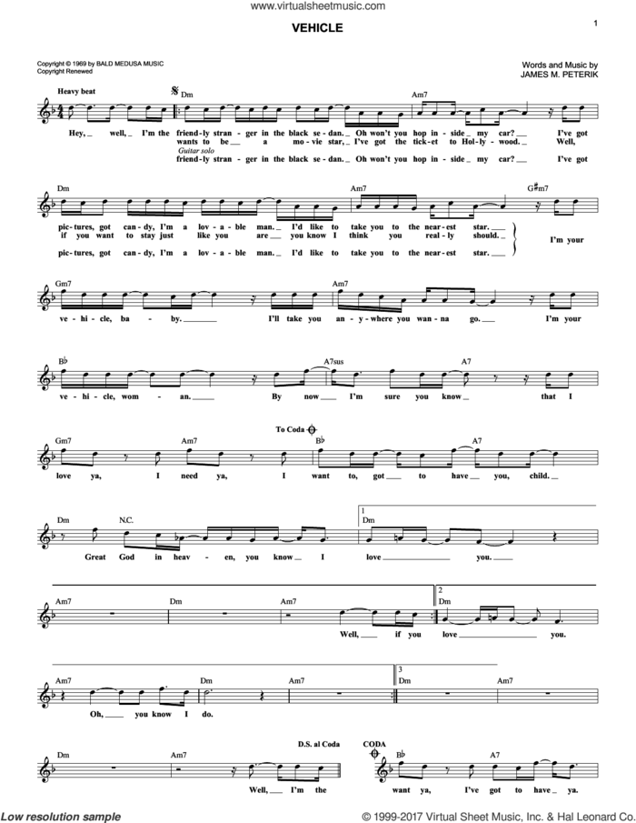 Vehicle sheet music for voice and other instruments (fake book) by The Ides Of March and Jim Peterik, intermediate skill level