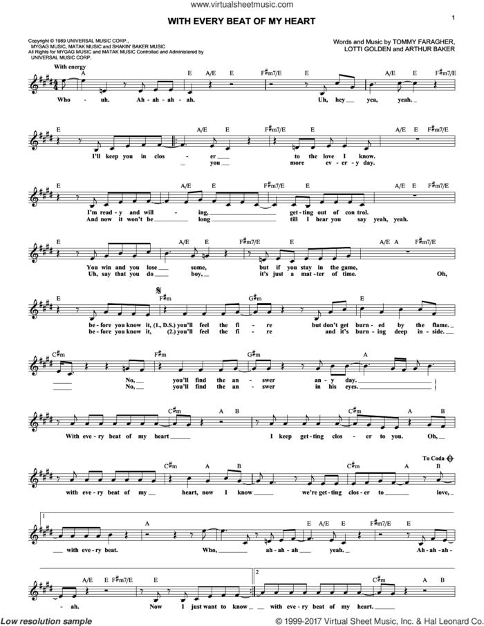 With Every Beat Of My Heart sheet music for voice and other instruments (fake book) by Taylor Dane, Arthur Baker, Lotti Golden and Tommy Faragher, intermediate skill level
