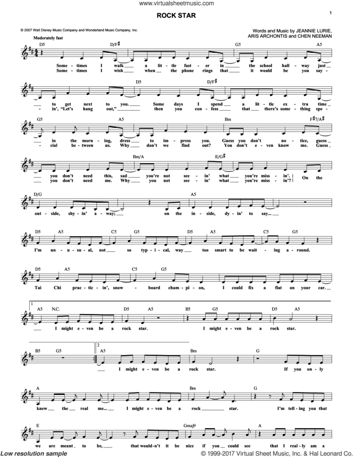Rock Star sheet music for voice and other instruments (fake book) by Hannah Montana, Aris Archontis, Chen Neeman and Jeannie Lurie, intermediate skill level