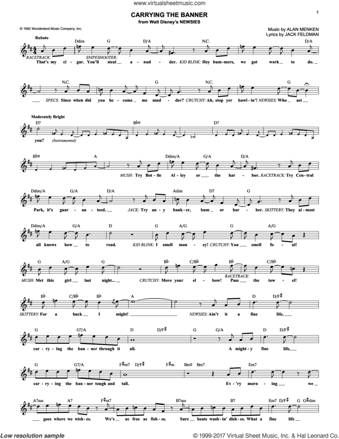 Carrying The Banner sheet music for voice and other instruments (fake book) by Jack Feldman and Alan Menken, intermediate skill level