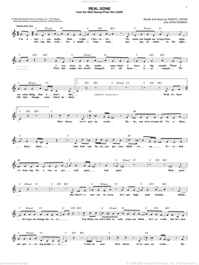 Crow Real Gone From Cars Sheet Music Fake Book Pdf