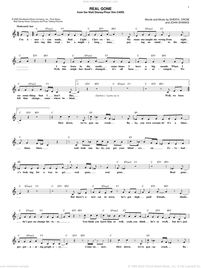 Real Gone (from Cars) sheet music for voice and other instruments (fake book) by Sheryl Crow and John Shanks, intermediate skill level