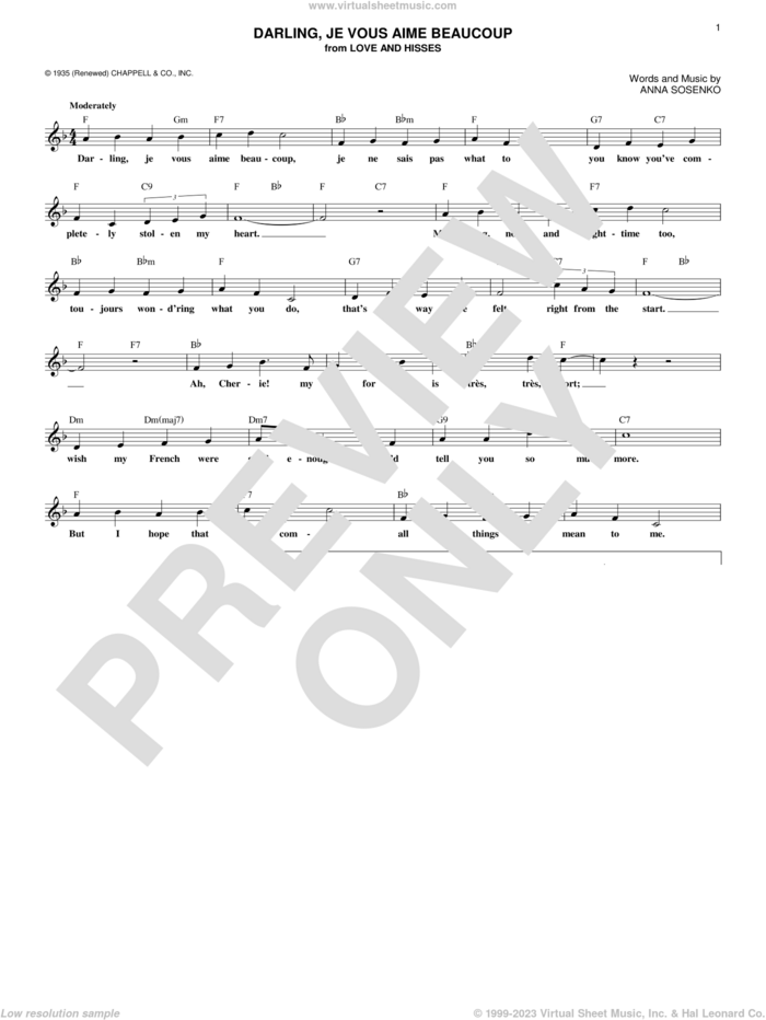 Darling, Je Vous Aime Beaucoup sheet music for voice and other instruments (fake book) by Anna Sosenko, Hildegarde, Nat King Cole and Simone Simone, intermediate skill level