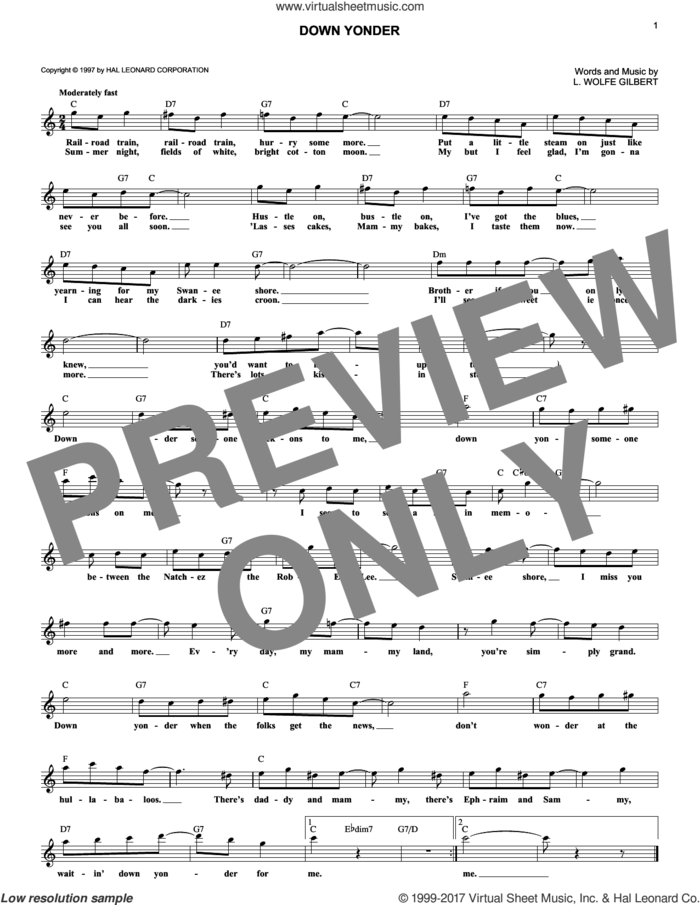 Down Yonder sheet music for voice and other instruments (fake book) by L. Wolfe Gilbert, intermediate skill level