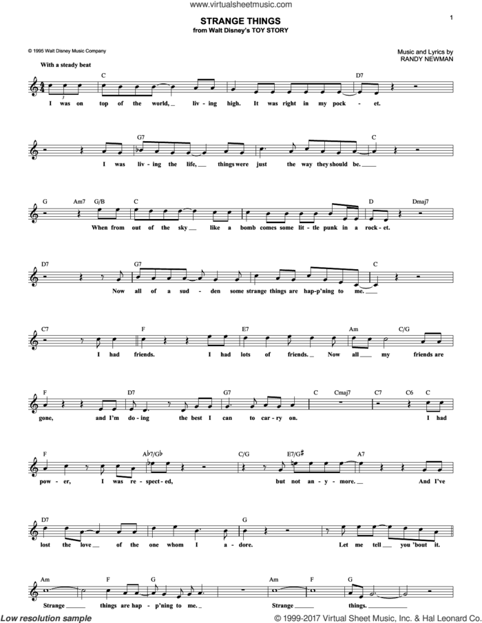 Strange Things (from Toy Story) sheet music for voice and other instruments (fake book) by Randy Newman, intermediate skill level