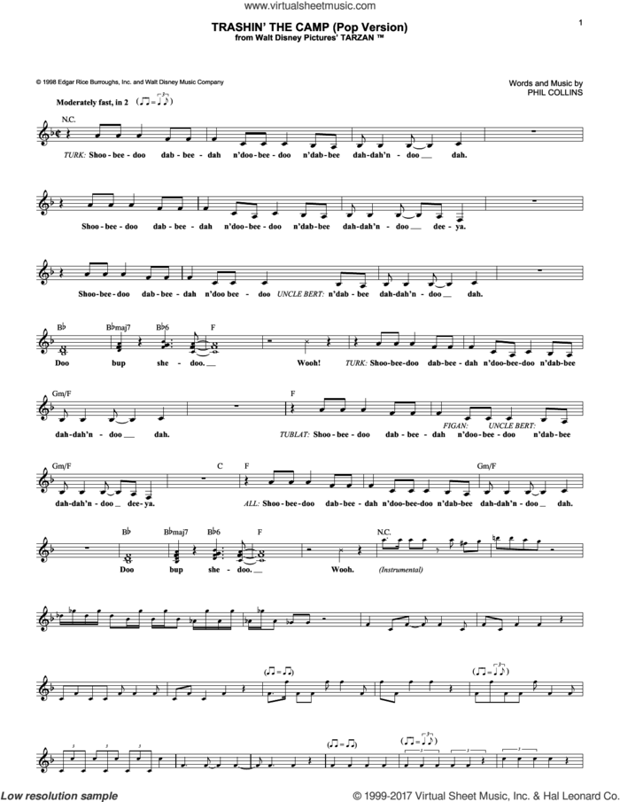 Trashin' The Camp (Pop Version) (from Tarzan) sheet music for voice and other instruments (fake book) by Phil Collins, intermediate skill level