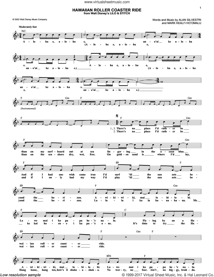 Hawaiian Roller Coaster Ride sheet music for voice and other instruments (fake book) by Mark Keali'i Ho'omalu and Alan Silvestri, intermediate skill level