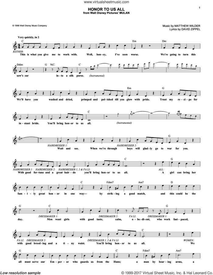 Honor To Us All (from Mulan) sheet music for voice and other instruments (fake book) by Matthew Wilder and David Zippel, intermediate skill level
