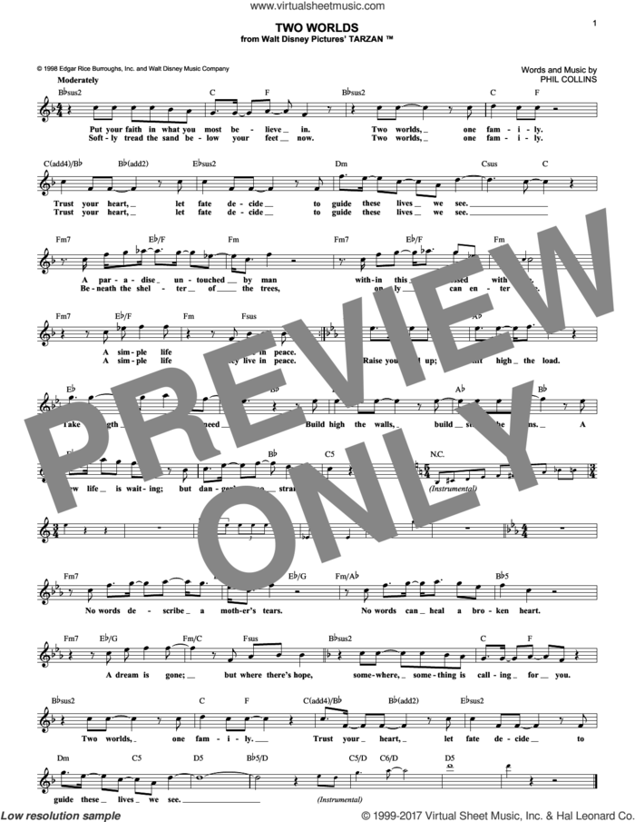 Two Worlds sheet music for voice and other instruments (fake book) by Phil Collins, intermediate skill level
