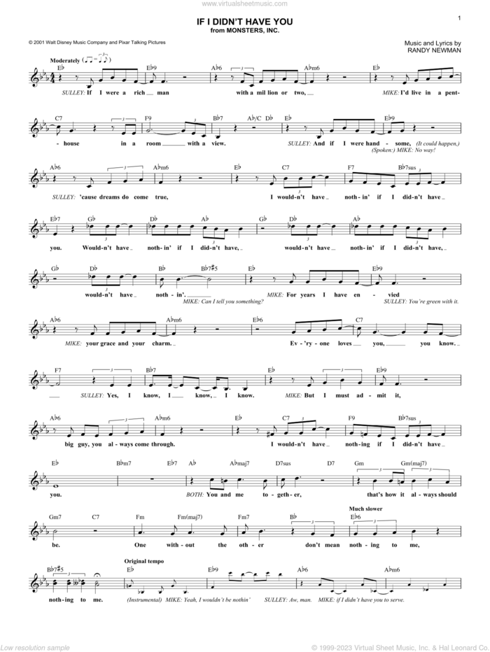 If I Didn't Have You (from Monsters, Inc.) sheet music for voice and other instruments (fake book) by Billy Crystal and John Goodman and Randy Newman, intermediate skill level