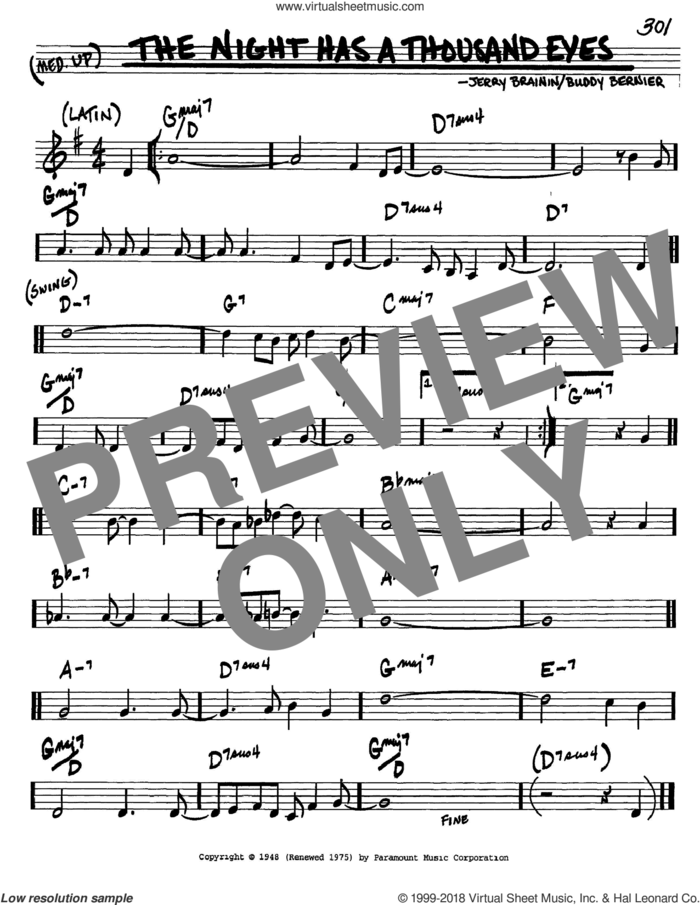 The Night Has A Thousand Eyes sheet music for voice and other instruments (in C) by Buddy Bernier and Jerry Brainin, intermediate skill level