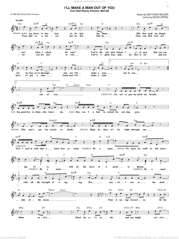 I'll Make A Man Out Of You (from Mulan) sheet music for voice and other instruments (fake book) by David Zippel and Matthew Wilder, intermediate skill level