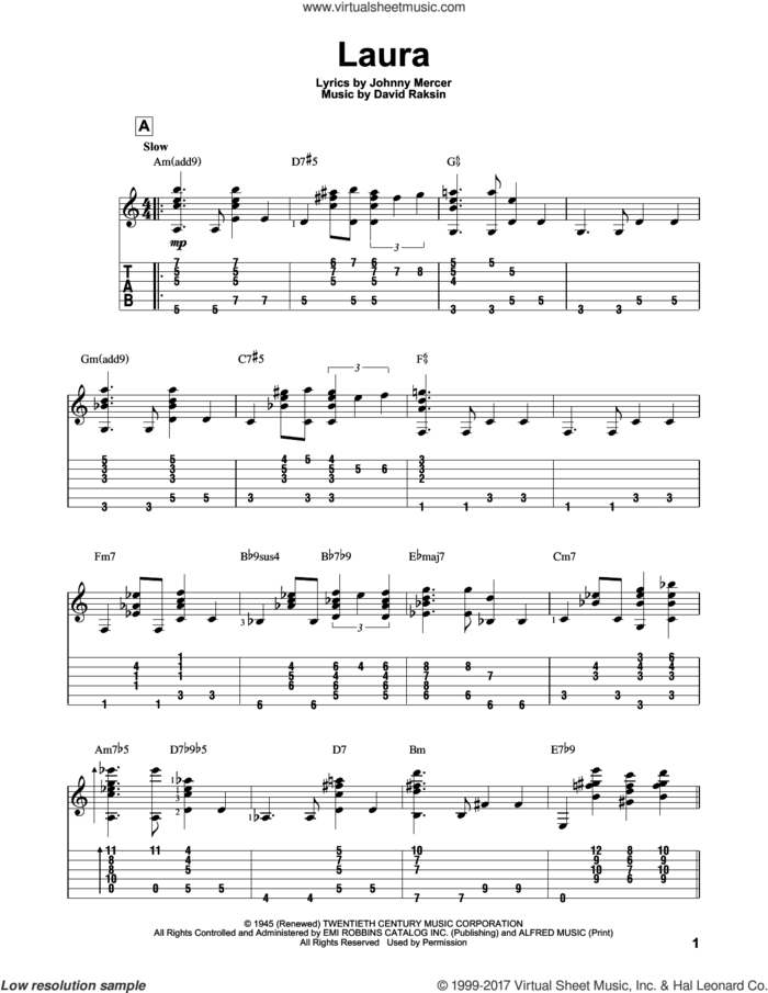 Laura sheet music for guitar solo by Johnny Mercer and David Raksin, intermediate skill level