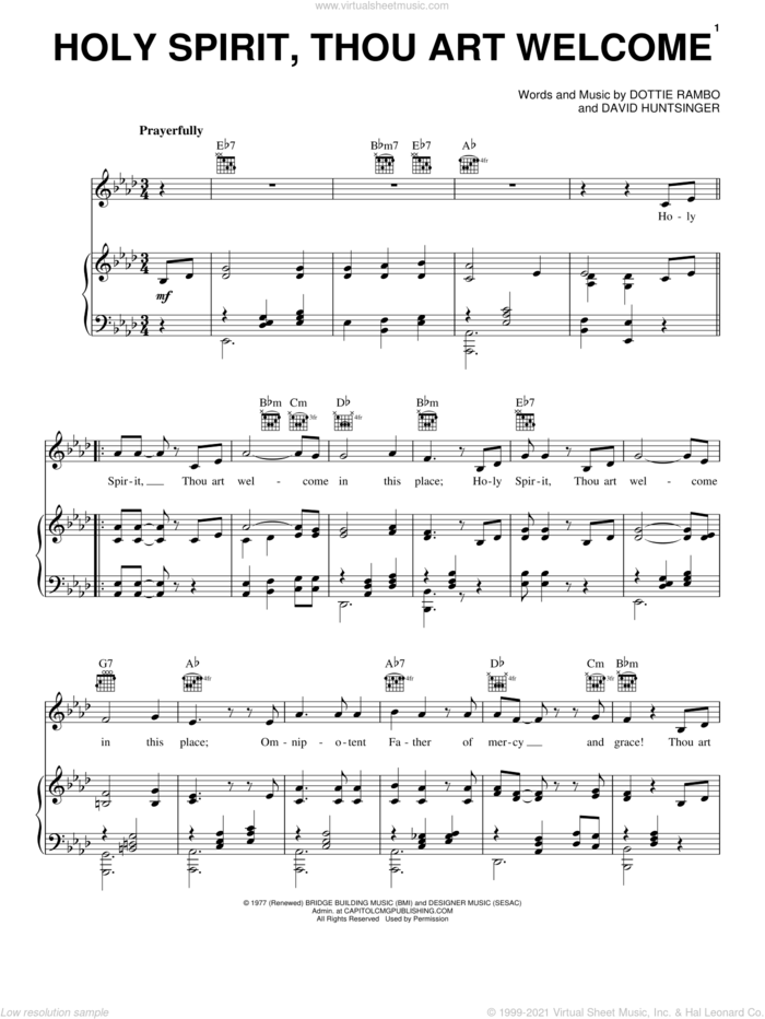 Holy Spirit, Thou Art Welcome sheet music for voice, piano or guitar by Dottie Rambo and David Huntsinger, intermediate skill level