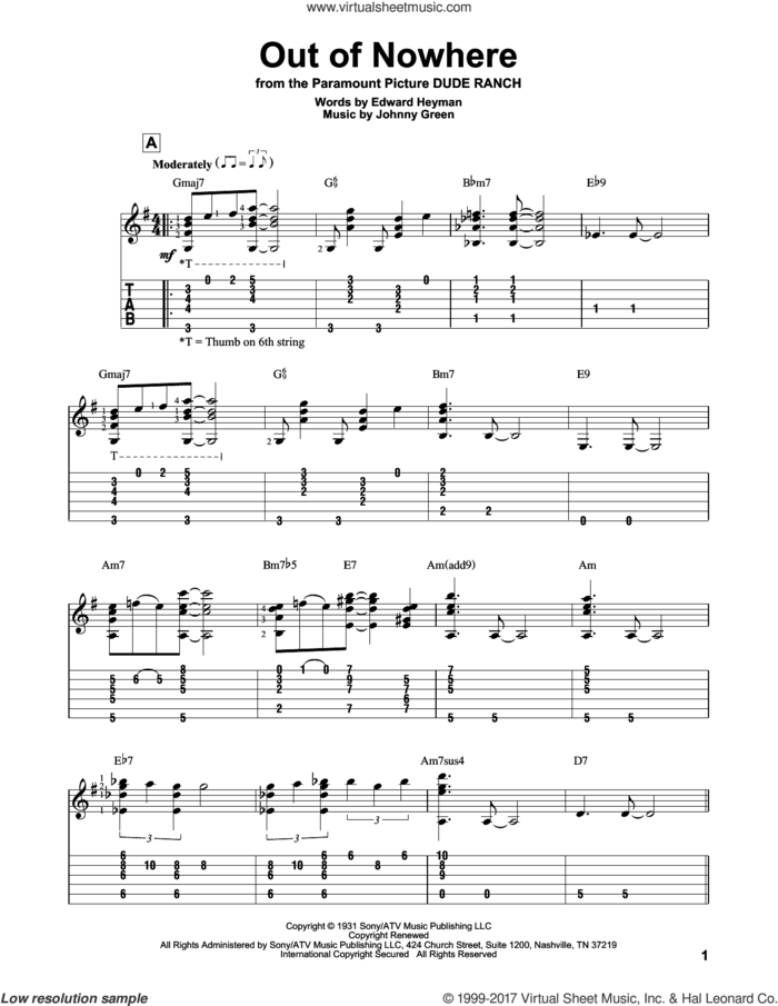 Out Of Nowhere sheet music for guitar solo by Edward Heyman, Buddy DeFranco and Johnny Green, intermediate skill level