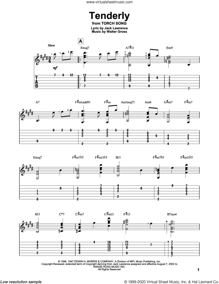 Tenderly sheet music for guitar solo by Jack Lawrence and Walter Gross, intermediate skill level