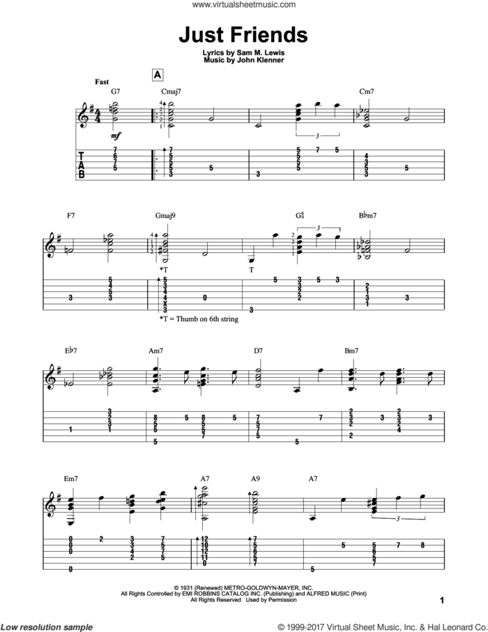Just Friends sheet music for guitar solo by John Klenner and Sam Lewis, intermediate skill level