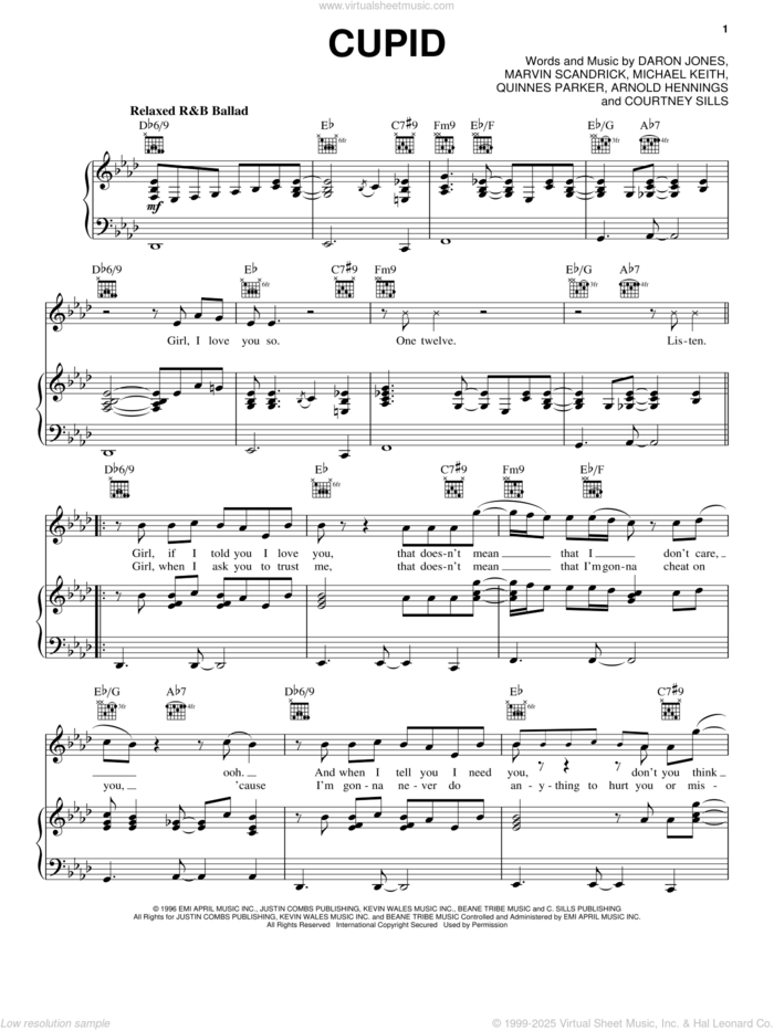 Cupid sheet music for voice, piano or guitar by 112, Arnold Hennings, Courtney Sills, Daron Jones, Marvin Scandrick, Michael Keith and Quinnes Parker, intermediate skill level