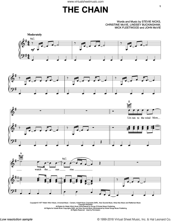 The Chain sheet music for voice, piano or guitar by Fleetwood Mac, Christine McVie, John McVie, Lindsey Buckingham, Mick Fleetwood and Stevie Nicks, intermediate skill level