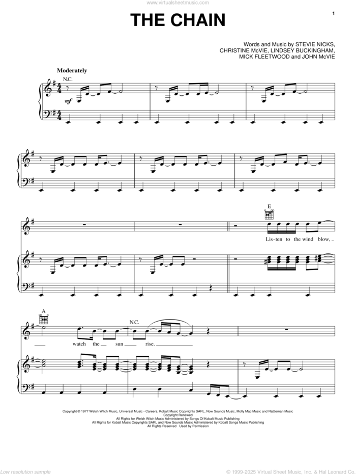 The Chain sheet music for voice, piano or guitar by Fleetwood Mac, Christine McVie, John McVie, Lindsey Buckingham, Mick Fleetwood and Stevie Nicks, intermediate skill level