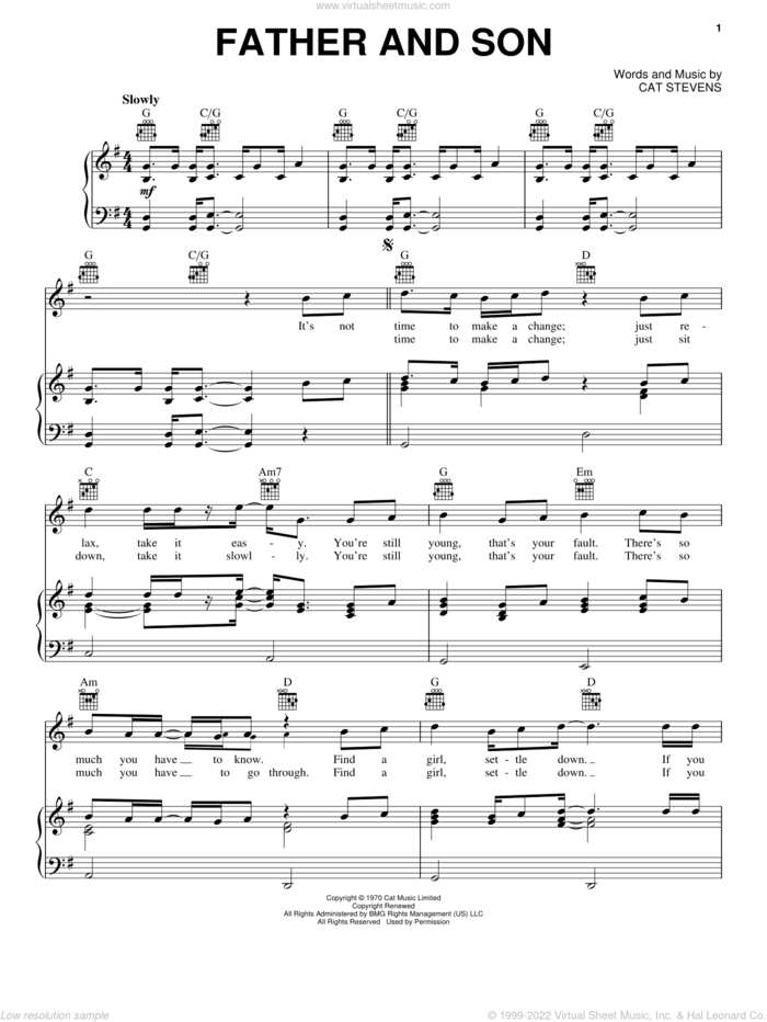 Father And Son sheet music for voice, piano or guitar by Cat Stevens, intermediate skill level