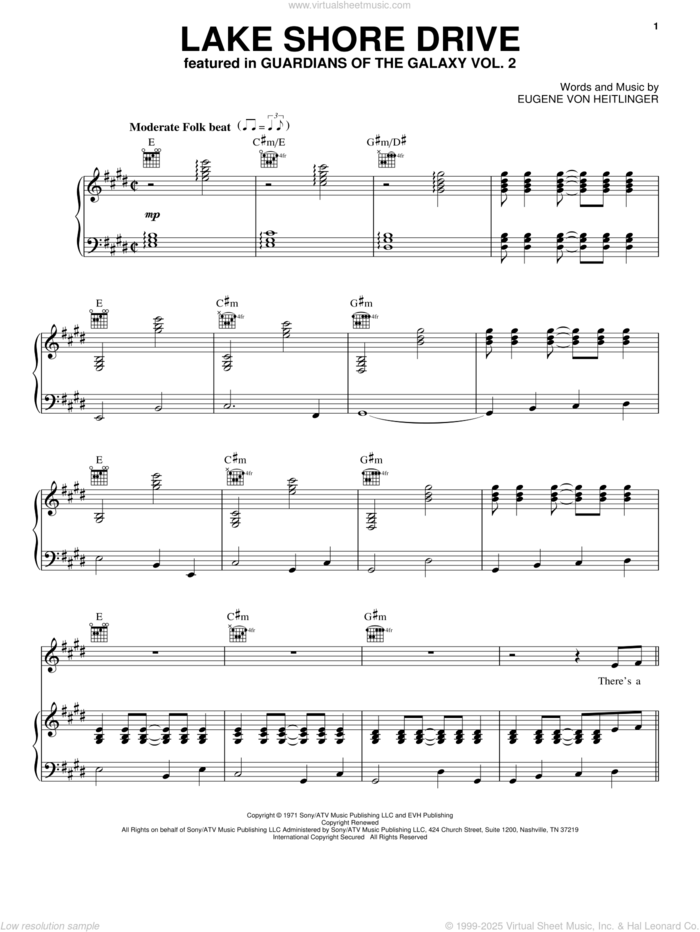 Lake Shore Drive sheet music for voice, piano or guitar by Eugene Von Heitlinger, intermediate skill level