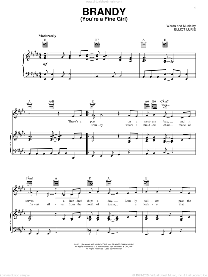 Brandy (You're A Fine Girl) sheet music for voice, piano or guitar by Looking Glass and Elliot Lurie, intermediate skill level