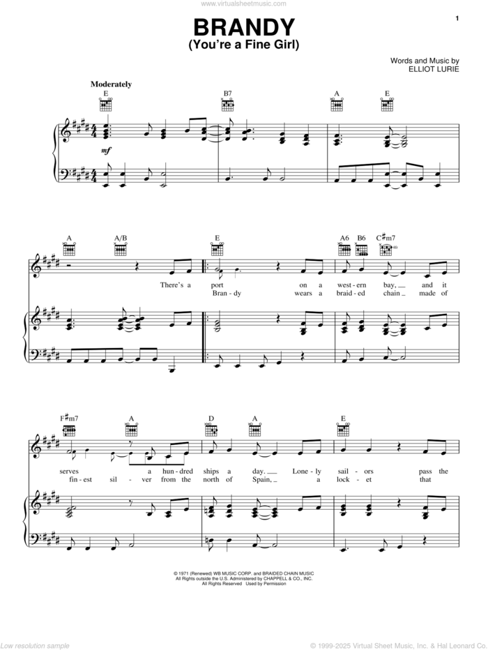 Brandy (You're A Fine Girl) sheet music for voice, piano or guitar by Looking Glass and Elliot Lurie, intermediate skill level