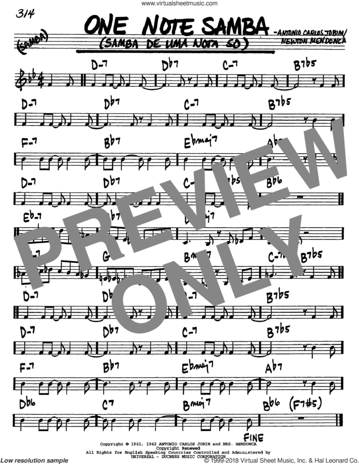 One Note Samba (Samba De Uma Nota So) sheet music for voice and other instruments (in C) by Antonio Carlos Jobim and Newton Mendonca, intermediate skill level