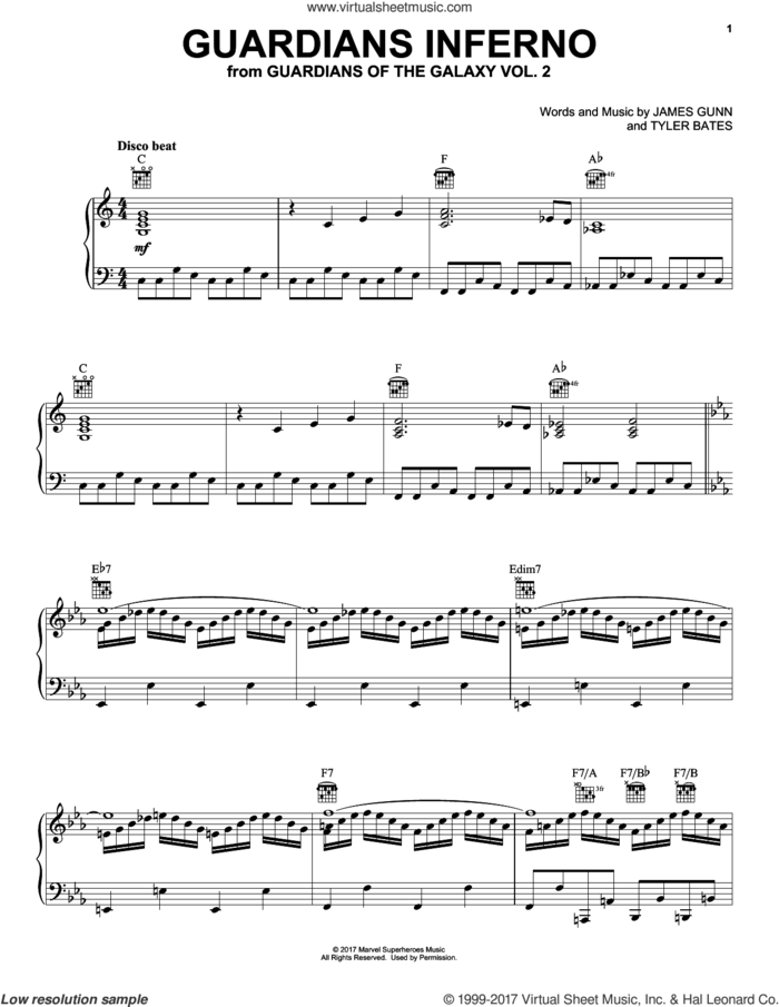Guardians Inferno sheet music for voice, piano or guitar by Tyler Bates and James Gunn, intermediate skill level