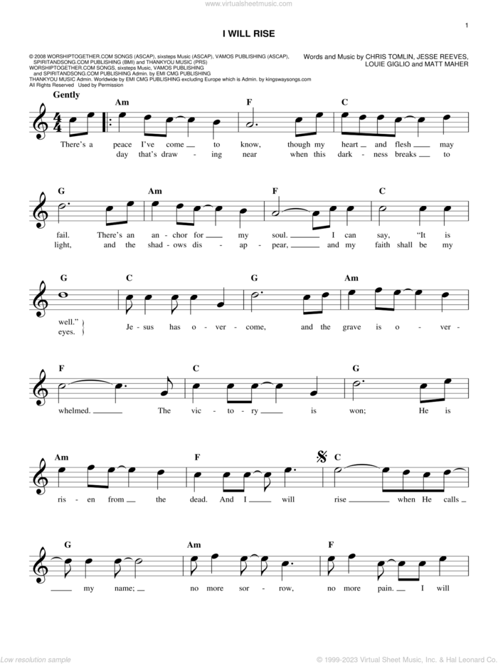 I Will Rise sheet music for voice and other instruments (fake book) by Chris Tomlin, Jesse Reeves, Louis Giglio and Matt Maher, easy skill level