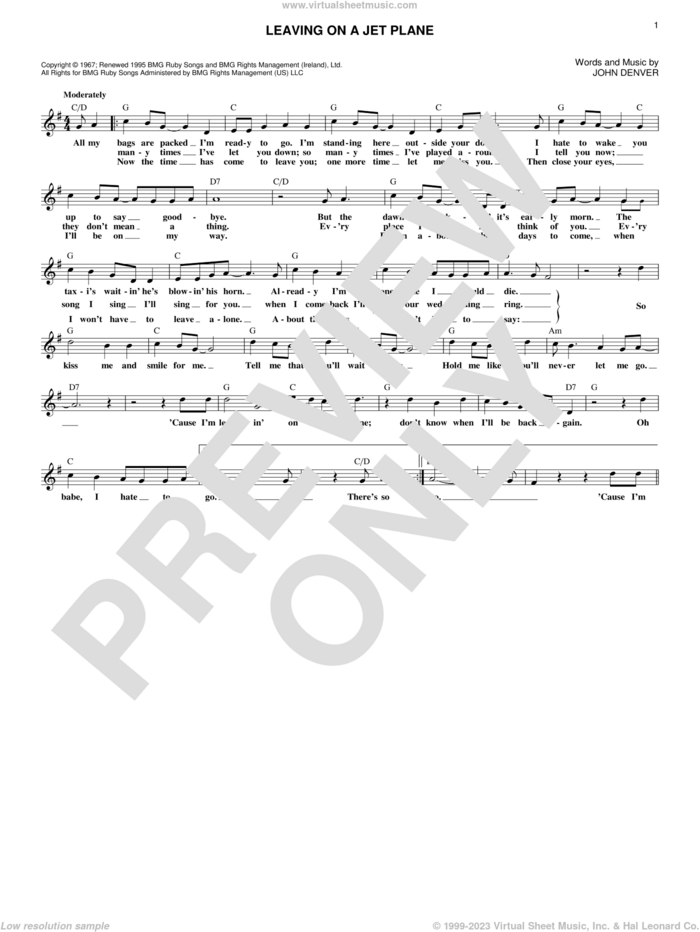 Leaving On A Jet Plane sheet music for voice and other instruments (fake book) by John Denver, intermediate skill level