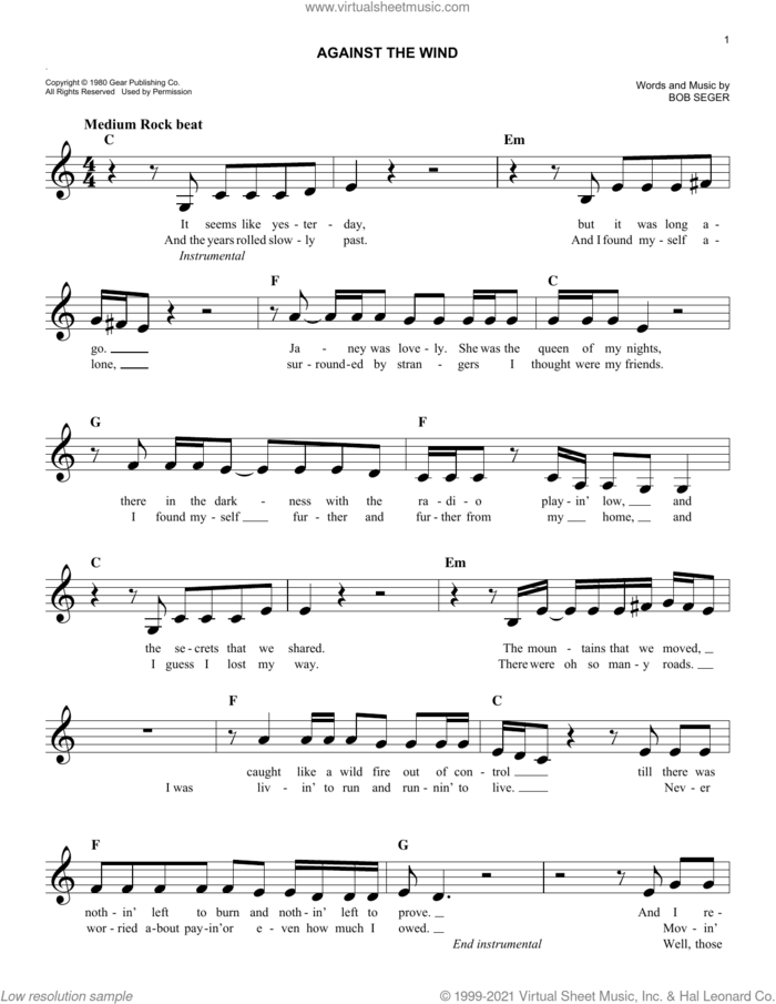 Against The Wind sheet music for voice and other instruments (fake book) by Bob Seger & The Silver Bullet Band and Bob Seger, easy skill level
