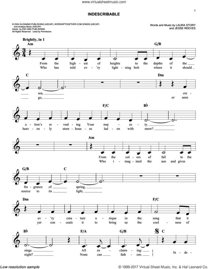Indescribable sheet music for voice and other instruments (fake book) by Chris Tomlin, Avalon, Jesse Reeves and Laura Story, easy skill level