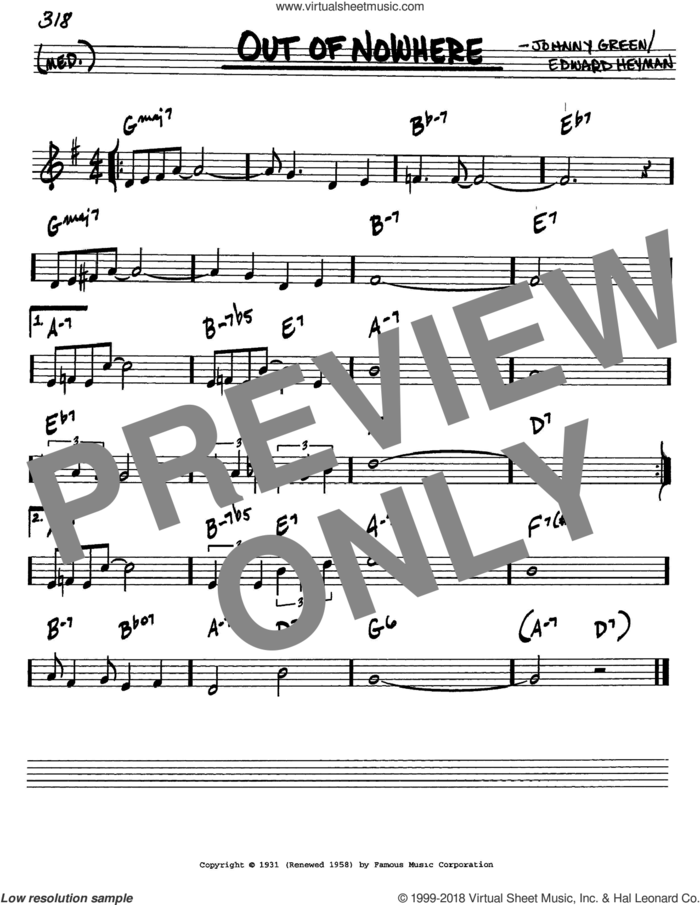 Out Of Nowhere sheet music for voice and other instruments (in C) by Edward Heyman and Johnny Green, intermediate skill level
