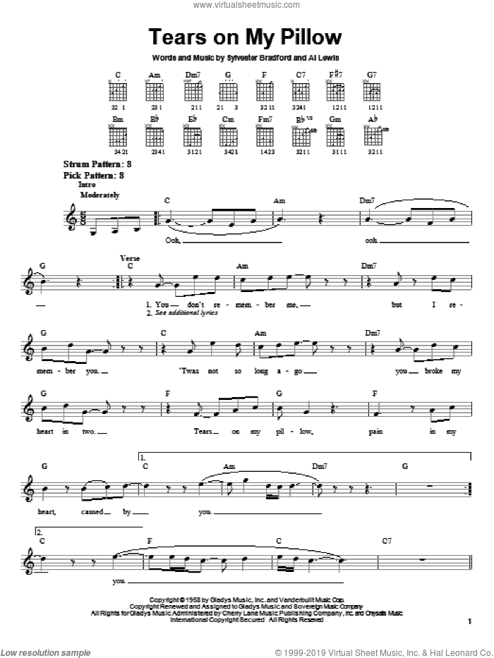 Tears On My Pillow sheet music for guitar solo (chords) by Little Anthony & The Imperials, Al Lewis and Sylvestor Bradford, easy guitar (chords)